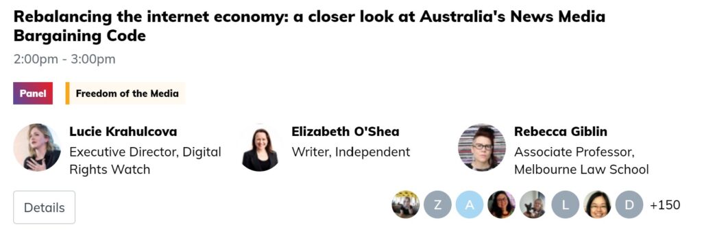 Screenshot from RightsCon program platform showing Digital Rights Watch session and the three speakers: Lucie Krahulcova, Lizzie O'Shea, and Rebecca Giblin.